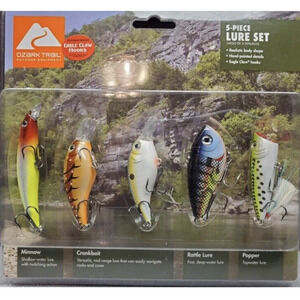 New Ozark Trail 5-Piece Lure Set Eagle Claw Hooks Minnow-Crankbait-Rattle-Popper
